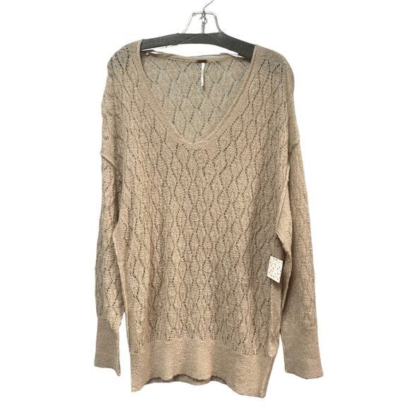 NWT Free People Say Hello Open Stitch Oversized Sweater Womens XS Taupe - Picture 2 of 9